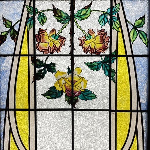 独角鹿西洋古董1900年代法国出品新艺术风格叶蔓繁花主题彩绘玻璃花窗一对 商品图4