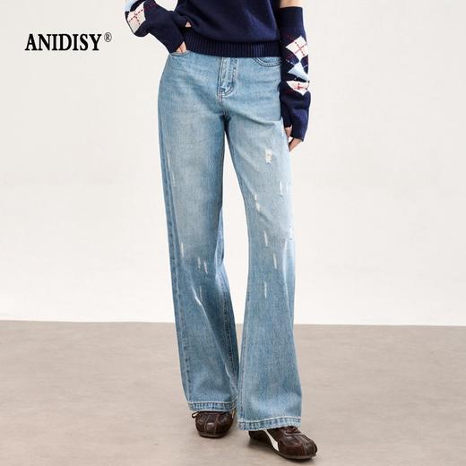 2026春装做旧洗水蝴蝶刺绣高腰拉链直筒牛仔裤 商品图1