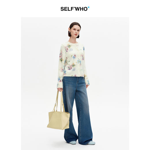SELFWHO100%羊毛绿绒蒿印花针织开衫女2026春季新款修身毛衣外套 商品图1