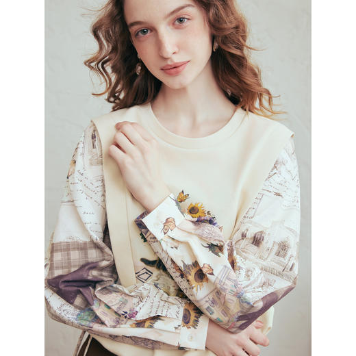 两三事梵高文艺拾光印迹2026春季新款印花假两件上衣半裙两件套女 商品图2