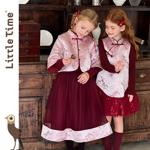 littletime新中式女童旗袍连衣裙拜年服立领盘扣花卉喜庆拜年服 商品图1