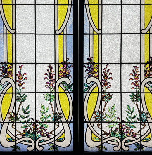 独角鹿西洋古董1900年代法国出品新艺术风格叶蔓繁花主题彩绘玻璃花窗一对 商品图3