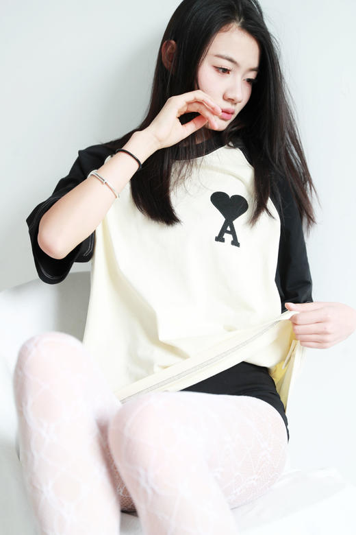 黑白拼接tee，胸口刺绣工艺。插肩袖设计全棉法式情侣半袖E010860 商品图7