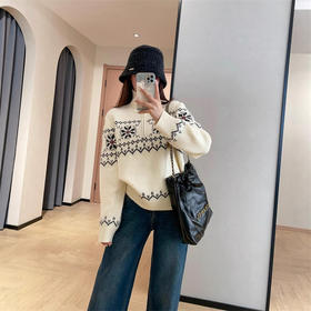 氛围感费尔岛毛衣！双色几何提花羊毛半门襟立领毛衣女2026秋冬新款！