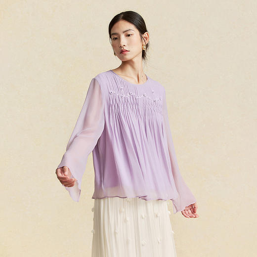 【林栖设计小店】手工绣花|桑蚕丝捏褶钉珠宽松淡紫仙气2026春新款真丝衫1961198 商品图5
