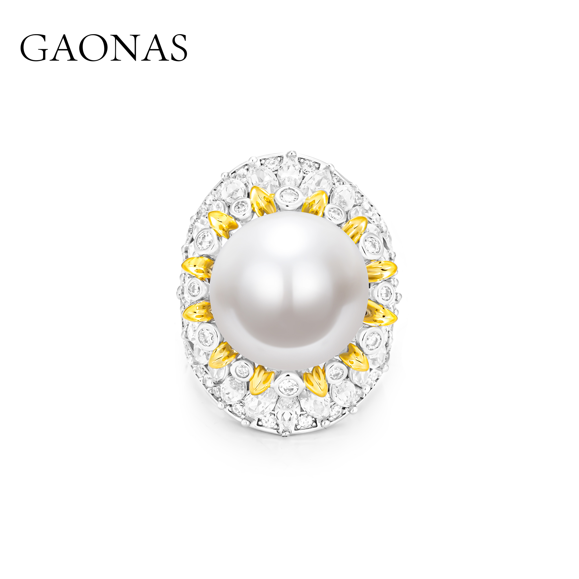 GAONAS 仿珍珠戒指 鎏金华光16mm贵气白色珠戒指11879JW