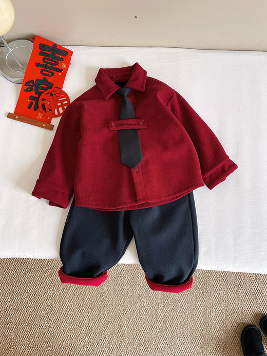 【舒适柔软亲肤❗️经典时尚百搭】2026马年新年春节冬季新款童装儿童新年款个性红色衬衫男童帅气加绒上衣。jc 商品图1