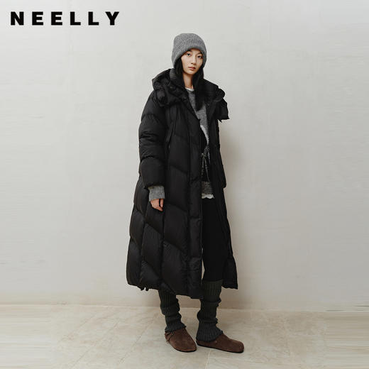 NEELLY纳俪商场同款冬新款时尚廓形连帽长款羽绒服女90白鸭绒外套N25121L01173 商品图0