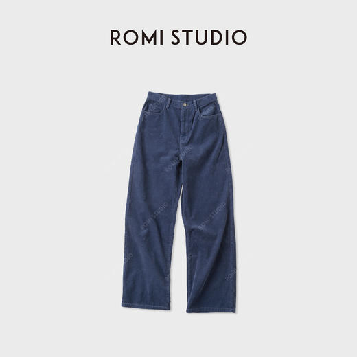 ROMI STUDIO“法式蓝调”复古工装蓝精梳灯芯绒阔腿裤RWCAX86172 商品图4