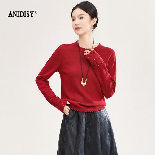 山羊绒手工镂空钩花芽边圆领长袖针织上衣 商品图2