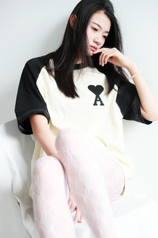 黑白拼接tee，胸口刺绣工艺。插肩袖设计全棉法式情侣半袖E010860 商品图8