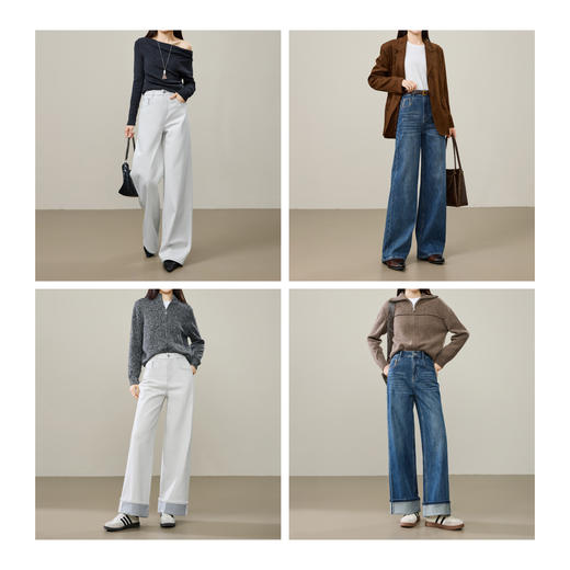 【可翻边、两穿阔腿牛仔】逸阳春新品复古蓝色松弛感弹力灰白阔腿裤子8356 商品图6