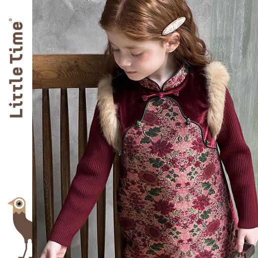 littletime新中式花卉印花连衣裙女童立领国风拜年服红色背心裙 商品图3