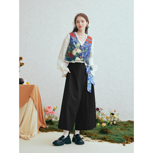 两三事梵高文艺影绘繁花2026春新款时尚印花绑带高腰阔腿休闲裤女 商品图1