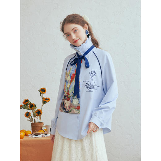 两三事梵高文艺冷寂烛光2026春季新款可拆领带印花拼接绣花衬衫女 商品图1
