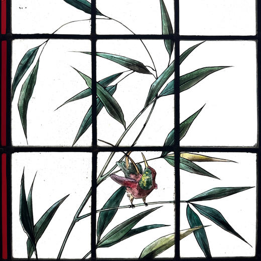 独角鹿西洋古董19世纪末法国新艺术风格时期著名画师Henri Curcier签名出品异域花鸟主题彩绘玻璃花窗一对 商品图8