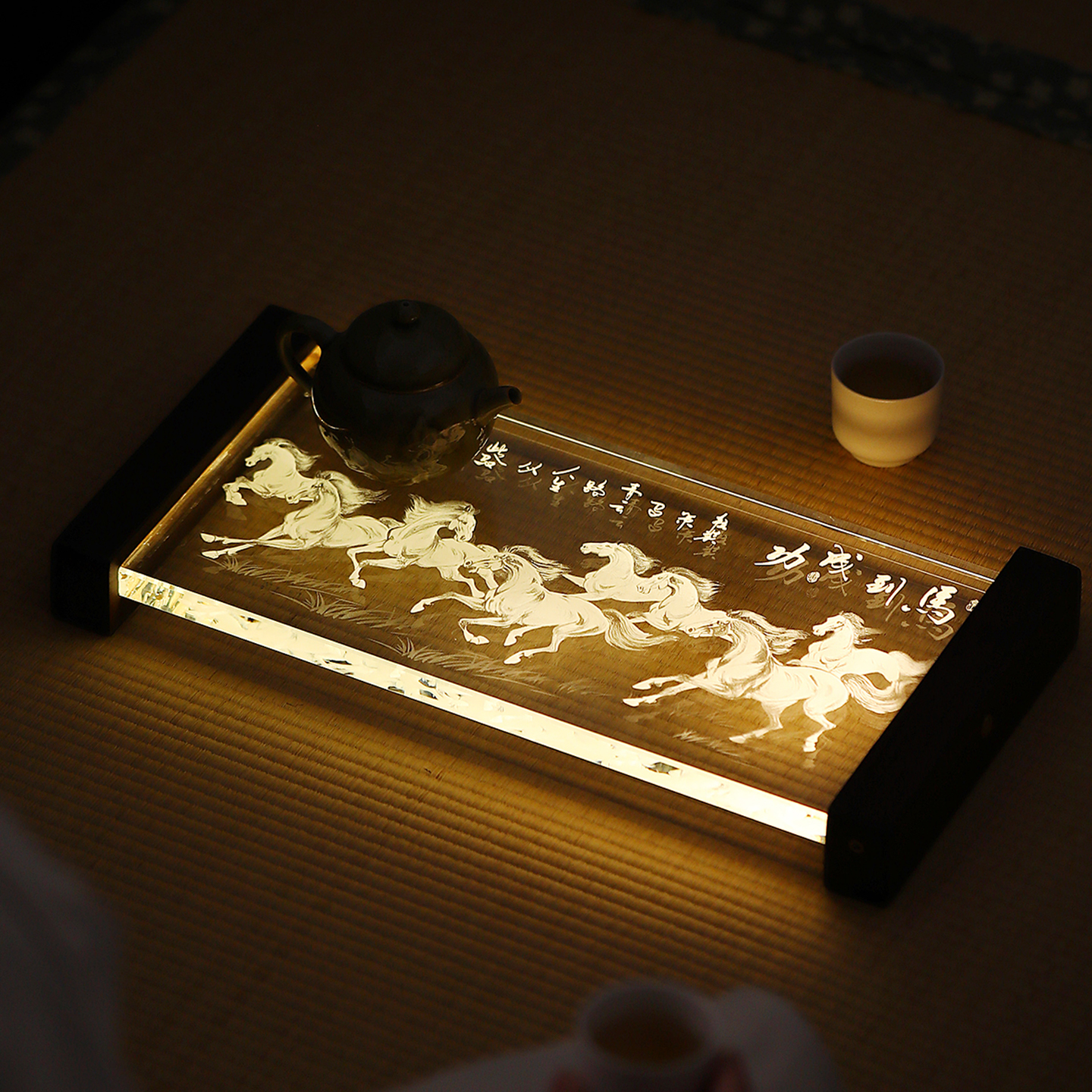 新中式两用屏风发光茶盘 ， 会发光的茶盘！暖灯漫染，雅致温馨，美好寓意新年礼！ 马到成功/竹报平安