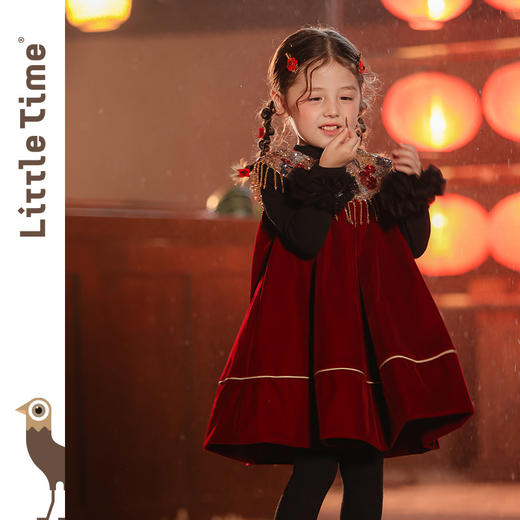 littletime新中式红色丝绒连衣裙女童流苏刺绣新年拜年服公主裙 商品图1