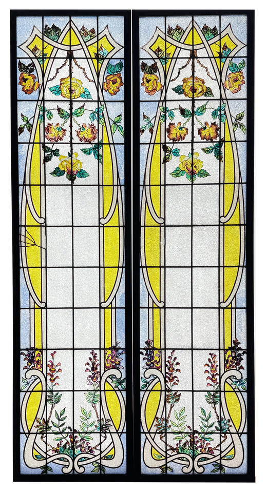 独角鹿西洋古董1900年代法国出品新艺术风格叶蔓繁花主题彩绘玻璃花窗一对 商品图0