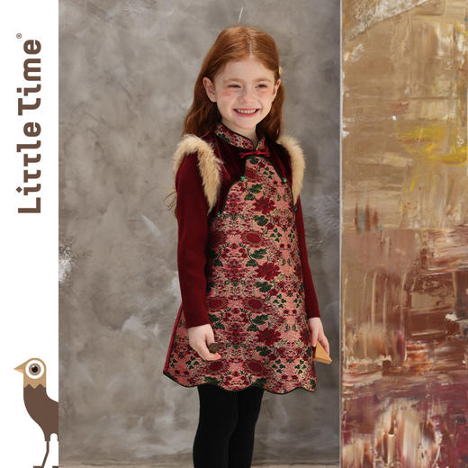 littletime新中式花卉印花连衣裙女童立领国风拜年服红色背心裙 商品图1