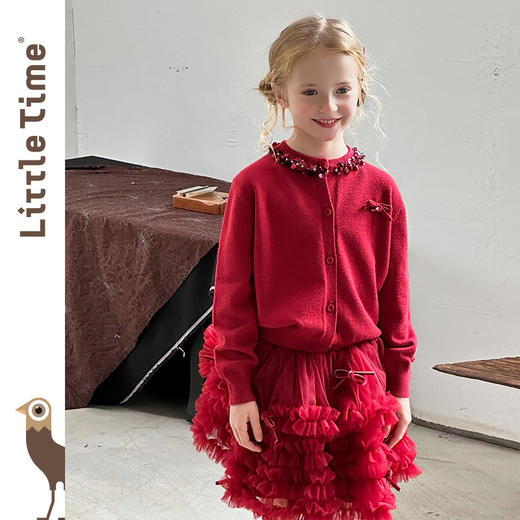 littletime女童套装2025学院风亮片领口针织开衫红色新年套装 商品图2