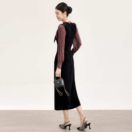 「高货wl」全新升级【铂金会员321/天猫429/差价108】(00425)洛诗琳2026春季法式蝴蝶结系带领丝绒拼琉璃纱开衩连衣裙 商品图1