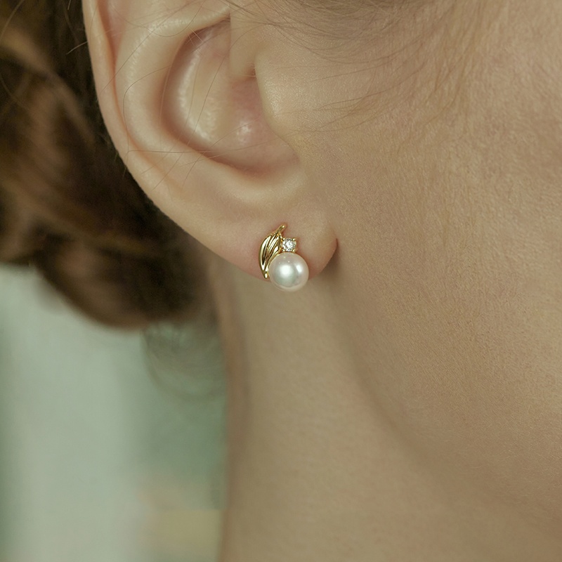 Oflye潮流饰品   天然淡水珍珠锆石耳钉女轻奢新款树叶耳饰气质优雅耳环