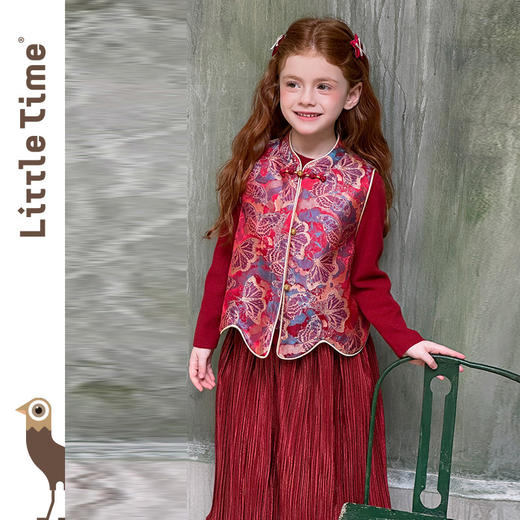 littletime女童套装2025新中式红色马甲套装中国风立领盘扣拜年服 商品图0