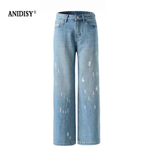 2026春装做旧洗水蝴蝶刺绣高腰拉链直筒牛仔裤 商品图3