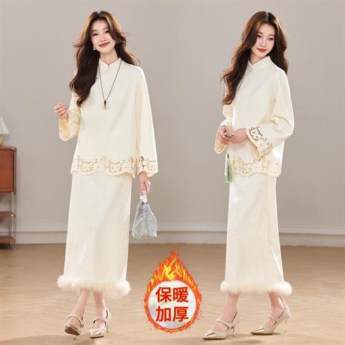 加厚丝绒小立领新中式镂空花，真毛洋气显瘦气质两件套裙HR-YBER630 商品图2