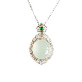 【天然正品】A货翡翠AU750精品白金镶天然冰种晴水绿蛋面翡翠（圆满、吉祥）吊坠项链281225NJS19