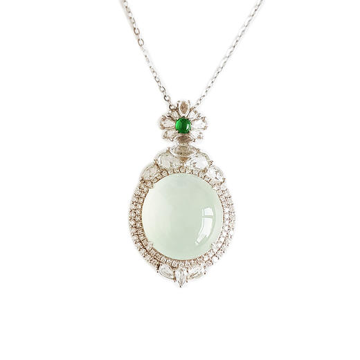 【天然正品】A货翡翠AU750精品白金镶天然冰种晴水绿蛋面翡翠（圆满、吉祥）吊坠项链281225NJS19 商品图0