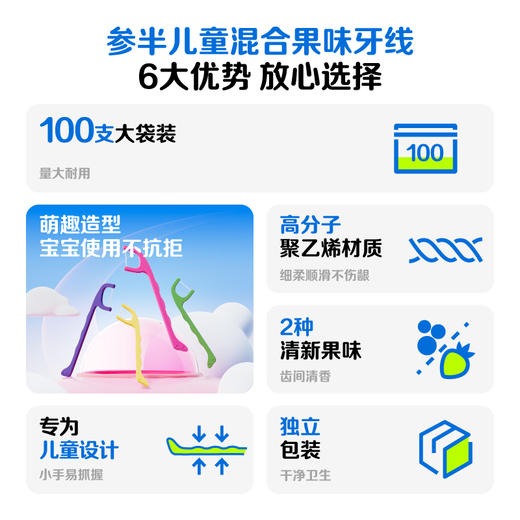 【新品上线】参半儿童果味混合袋装100支单线牙线 商品图1