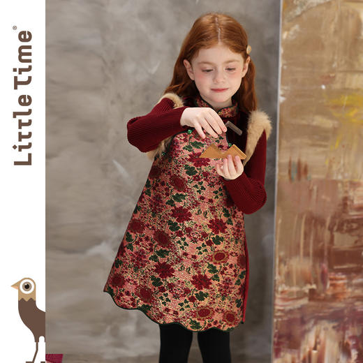 littletime新中式花卉印花连衣裙女童立领国风拜年服红色背心裙 商品图0