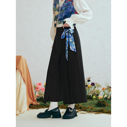 两三事梵高文艺影绘繁花2026春新款时尚印花绑带高腰阔腿休闲裤女 商品图3