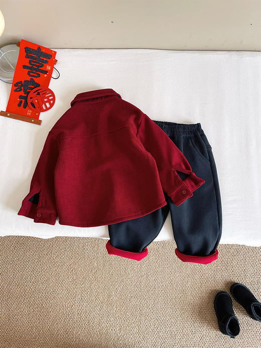 【舒适柔软亲肤❗️经典时尚百搭】2026马年新年春节冬季新款童装儿童新年款个性红色衬衫男童帅气加绒上衣。jc 商品图3