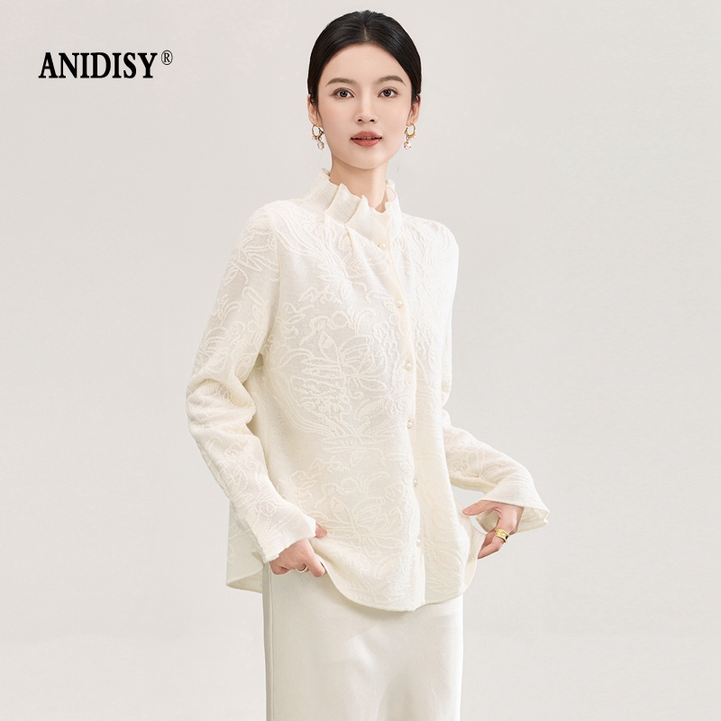 2026春装立体交织提花木耳边立领微喇长袖单排扣针织衬衣