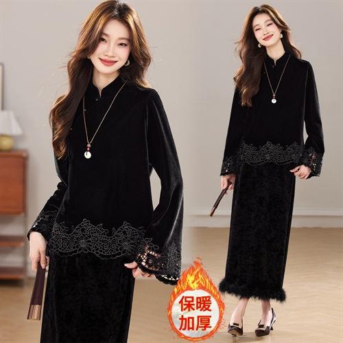 加厚丝绒小立领新中式镂空花，真毛洋气显瘦气质两件套裙HR-YBER630 商品图0