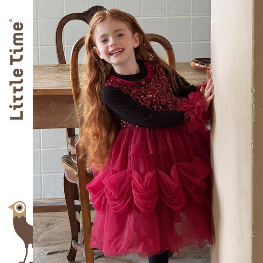 littletime女童公主裙2025秋冬红亮片网纱蓬蓬新年礼服加绒连衣裙 商品图1