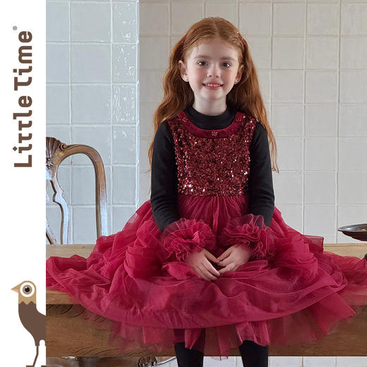 littletime女童公主裙2025秋冬红亮片网纱蓬蓬新年礼服加绒连衣裙 商品图3