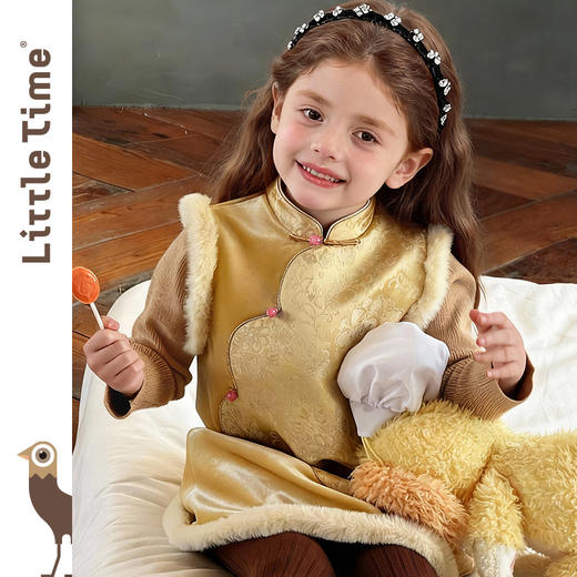 littletime女童连衣裙2025秋冬新款中式改良旗袍立领连衣裙外套 商品图1