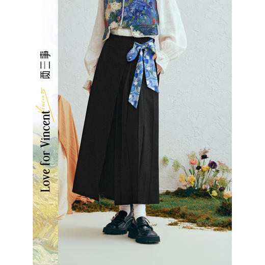 两三事梵高文艺影绘繁花2026春新款时尚印花绑带高腰阔腿休闲裤女 商品图0