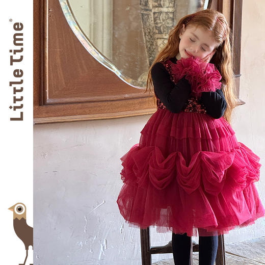 littletime女童公主裙2025秋冬红亮片网纱蓬蓬新年礼服加绒连衣裙 商品图4