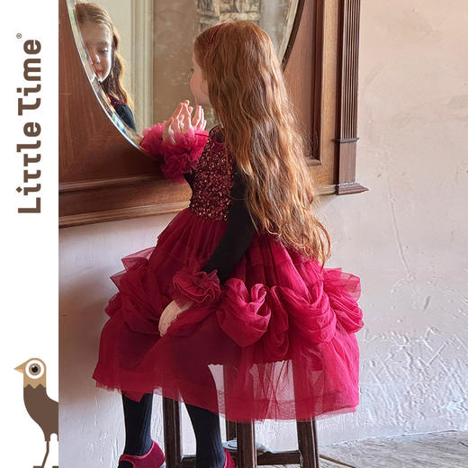 littletime女童公主裙2025秋冬红亮片网纱蓬蓬新年礼服加绒连衣裙 商品图2