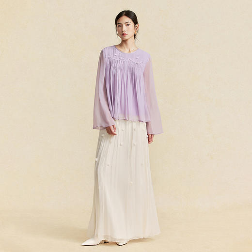 【林栖设计小店】手工绣花|桑蚕丝捏褶钉珠宽松淡紫仙气2026春新款真丝衫1961198 商品图6