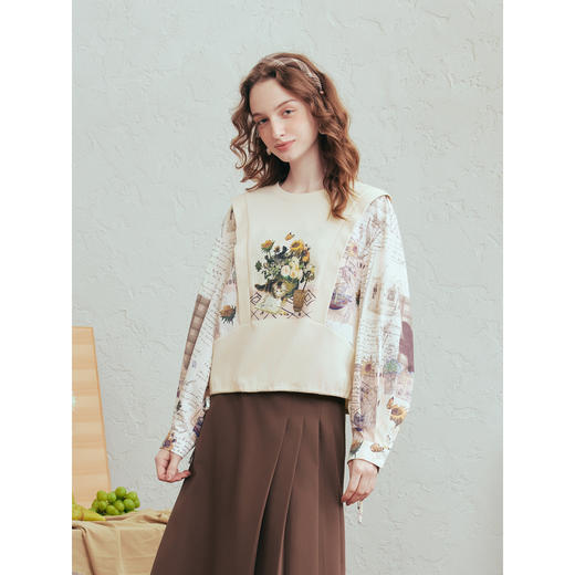 两三事梵高文艺拾光印迹2026春季新款印花假两件上衣半裙两件套女 商品图1