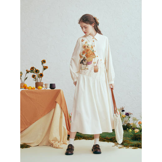 两三事梵高文艺 落日遐想 2026春季新款印花斜边纽扣绑带连衣裙 商品图3