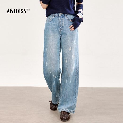 2026春装做旧洗水蝴蝶刺绣高腰拉链直筒牛仔裤 商品图0