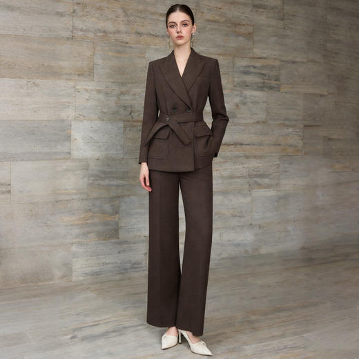 IWY/咖色西装套装女秋冬阔腿裤职业装双排扣收腰通勤正装两件套WCP376 商品图0