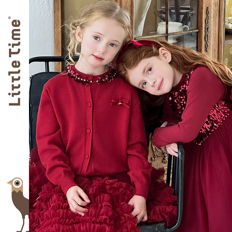 littletime女童套装2025学院风亮片领口针织开衫红色新年套装